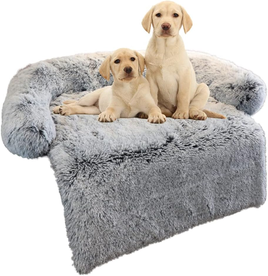 Calming Dog Bed for Large Dog,Washable Cozy Soft Plush Pet Bed with Pillow,41"x30"x5.9" (Light Grey)