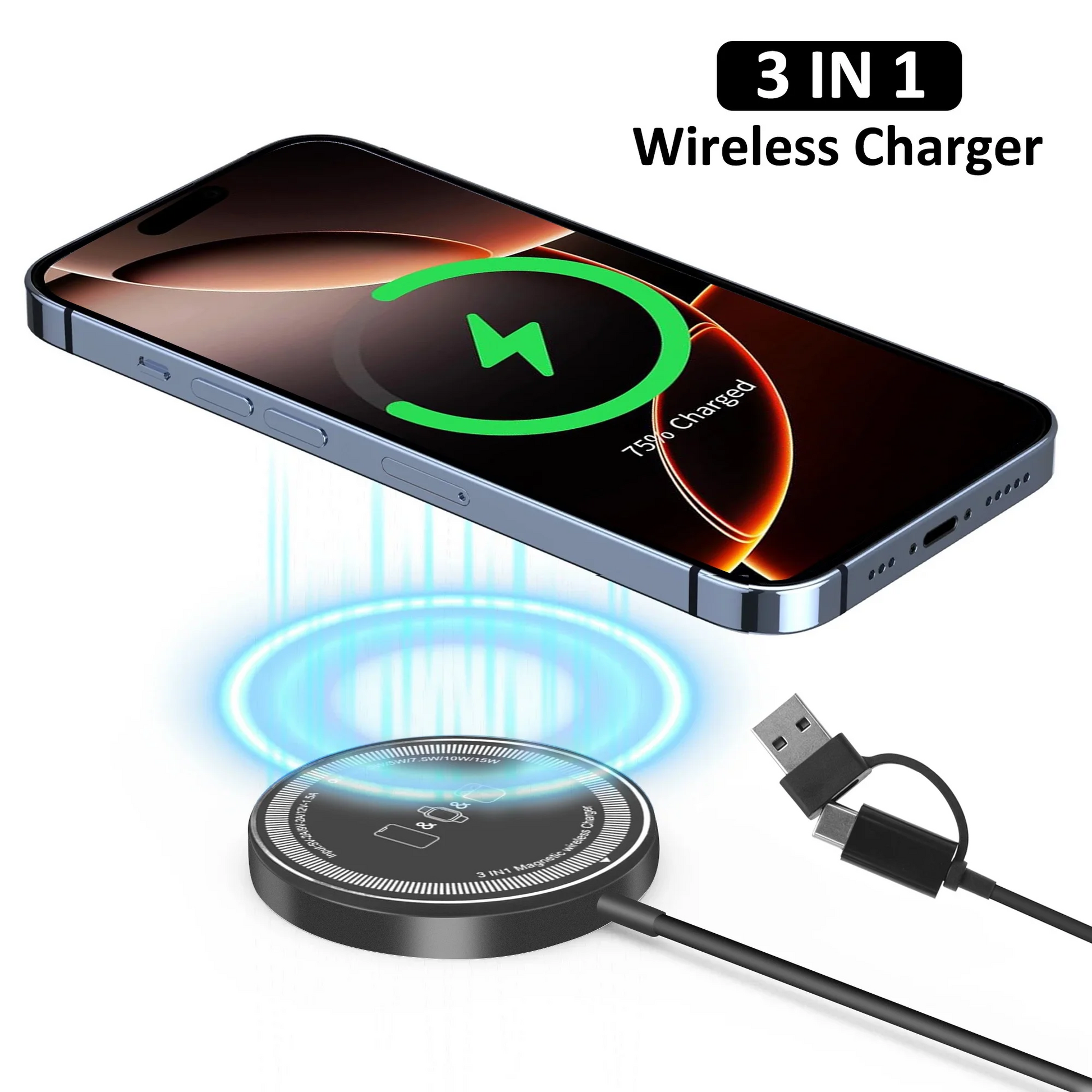 TOUCHOPE Wireless Charger - 3 in 1 Magnetic Fast Wireless Charging Pad Compatible with iPhone 16/15/14/13/12 & AirPods & iWatch(Black),2 Pack