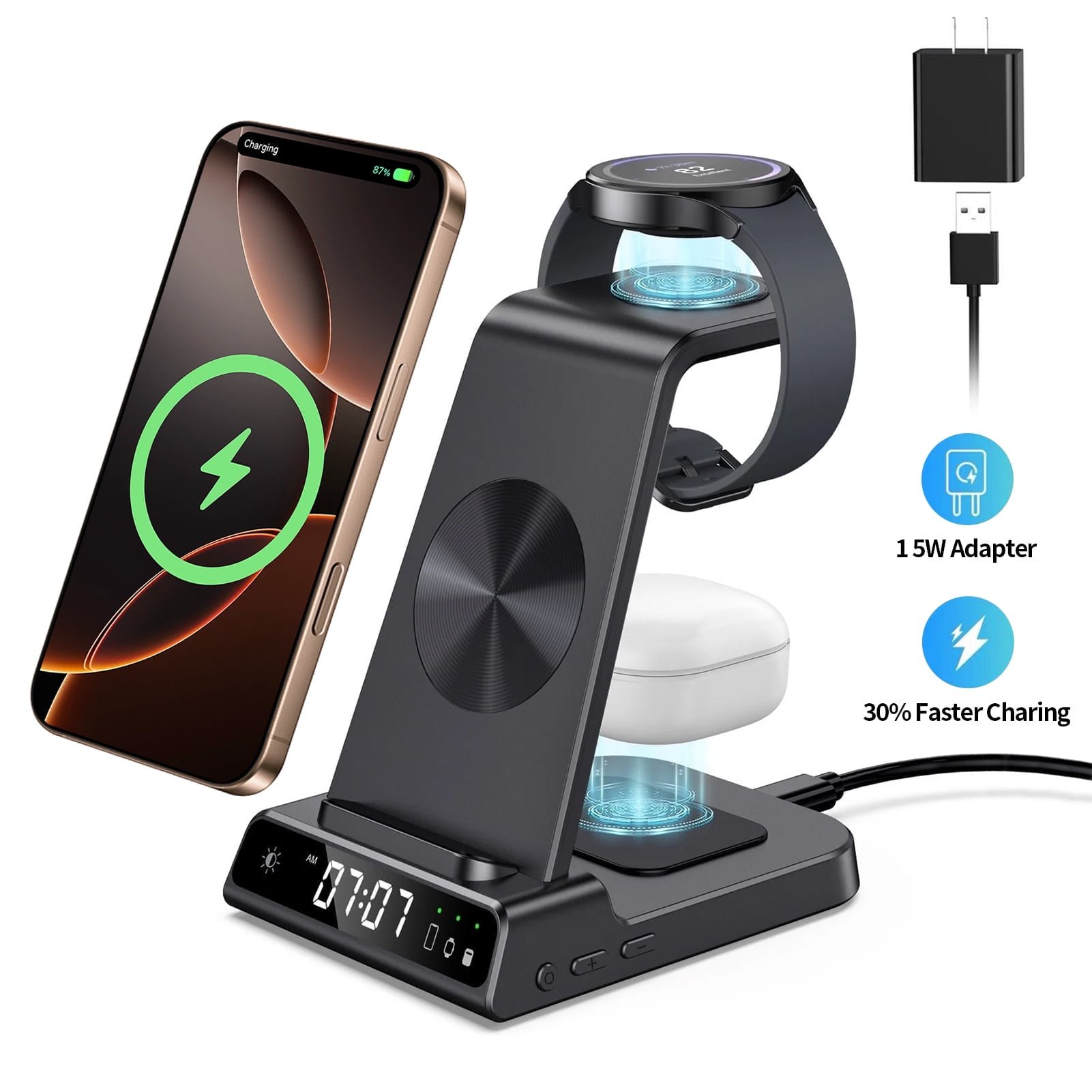 VANECL Wireless Charger Fits for iPhone & Samsung, 3 in 1 Fast Charging Station for Multiple Devices with Digital Clock Charging Dock Stand Compatible with iPhone & Apple Watch & AirPods,Black