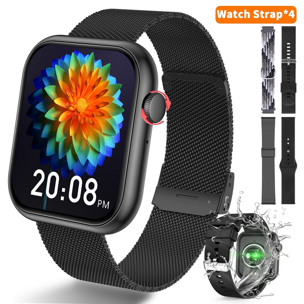 VANECL Smart Watch Fits for Android and iPhone,IP68 Waterproof,Suitable for Women Men 100 Sports Modes 1.96 inch Fitness Tracker with Answer Make Calls/Message Reminder,4 Watch Bands,Milano Steel Band