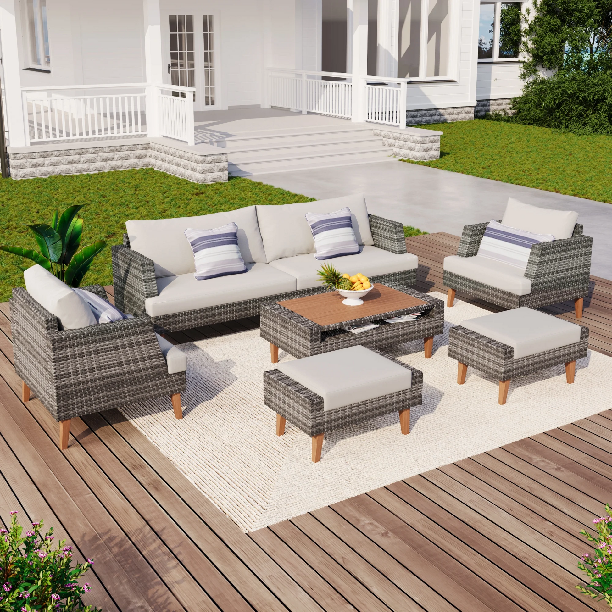 Aminy 6 Pieces Wicker Patio Furniture Set Outdoor Conversation Set, All Weather PE Rattan Sectional Sofa Couch with Storage Table and Cushions, Beige