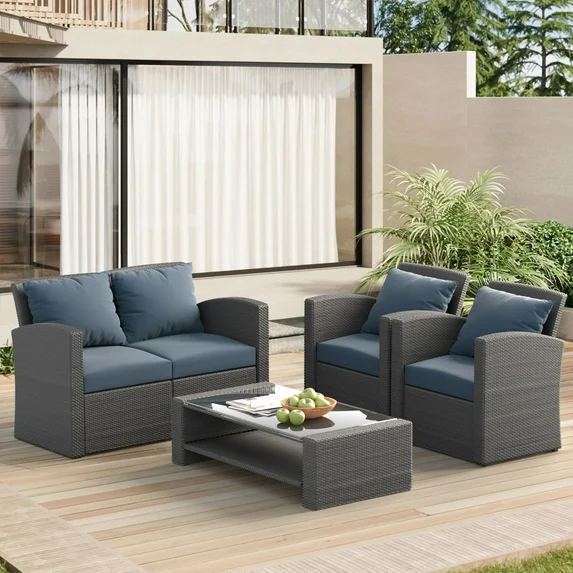Aminy Outdoor PE Wicker Patio Furniture Set, 4 Pieces Patio Conversation Set with Light Grey Cushion, Wicker Sofa for Garden, Porch, Backyard