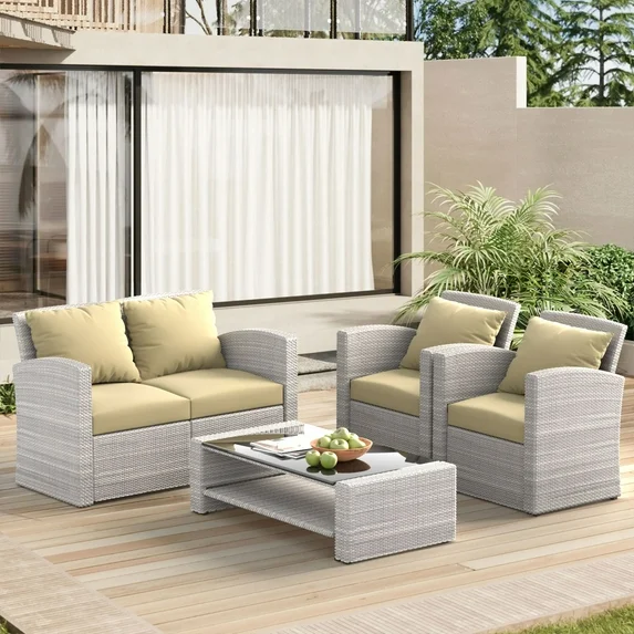 Aminy 4 Pieces Outdoor Furniture Set , Patio Conversation Set with Cushion, Wicker Sofa for Garden, Porch, Backyard, Khaki