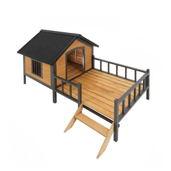 Outdoor Dog House,Large Wooden Dog Kennel with Porch,All-Around Iron Frame House Style for Cat Dog