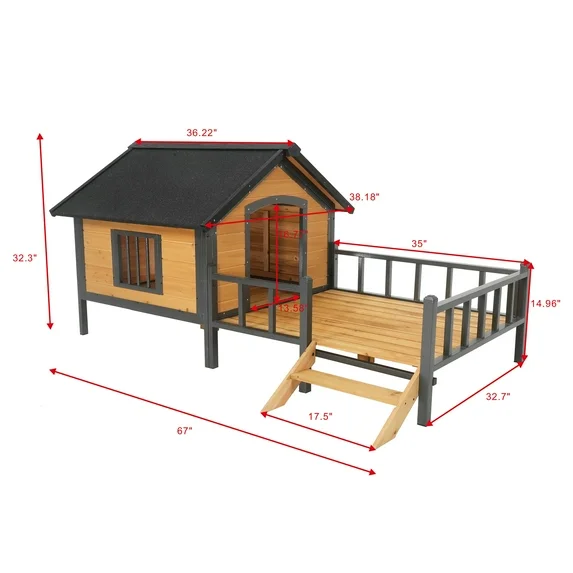 Outdoor Dog House,Large Wooden Dog Kennel with Porch,All-Around Iron Frame House Style for Cat Dog