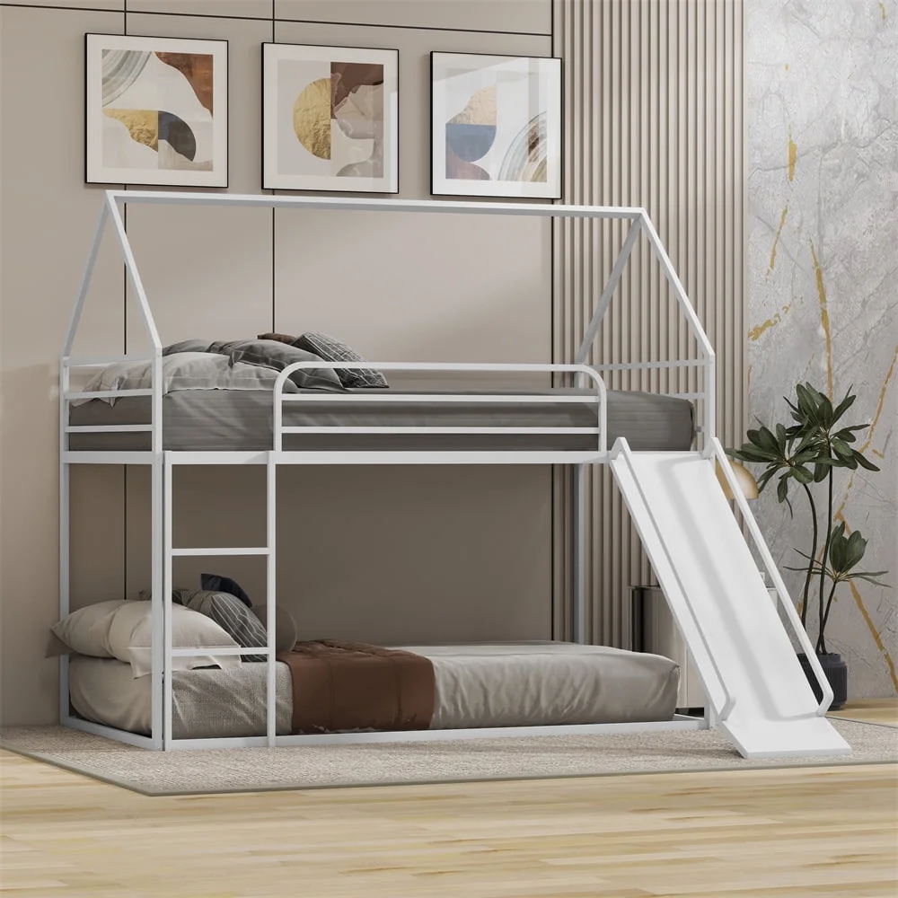 Aminy Bunk Bed Twin Over Twin, Steel Twin over Twin House Bed with Ladder and Slider, Heavy Duty Bed for Kids Adults, Space-Saving, No Box Spring Needed, White