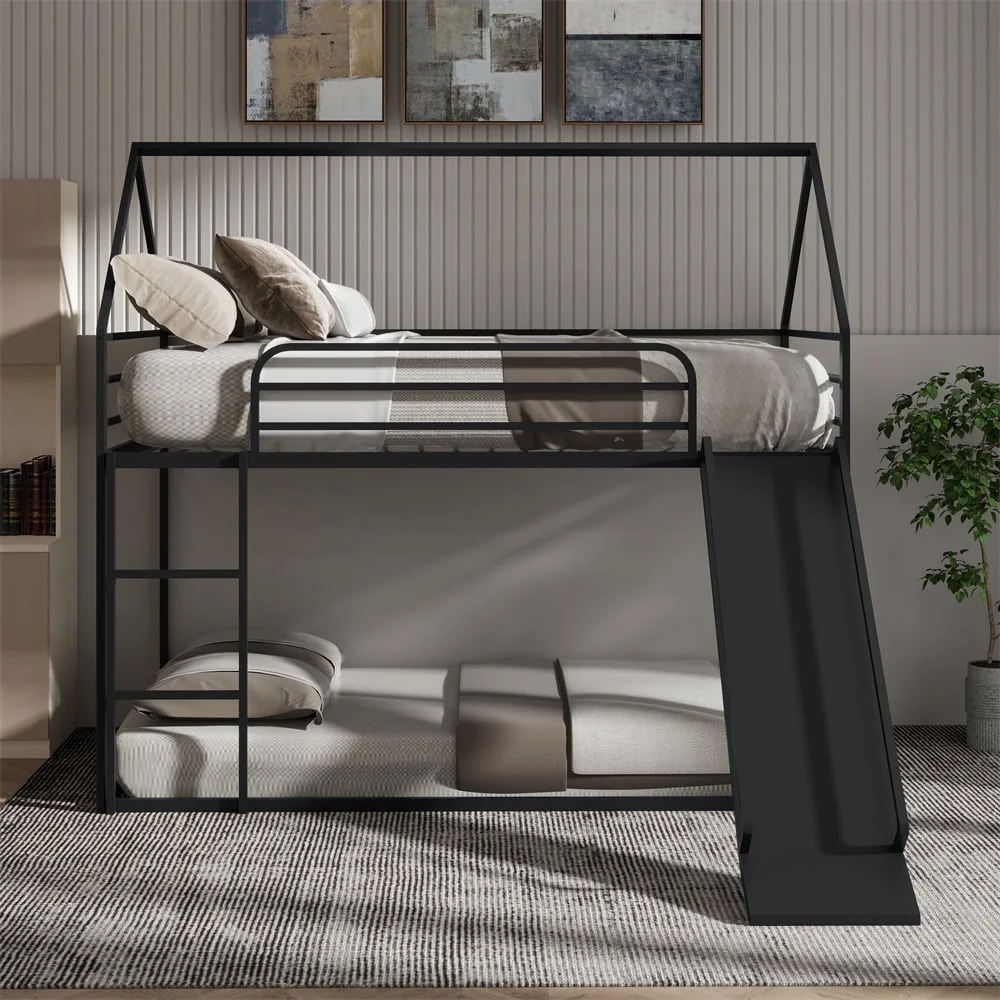 Aminy Bunk Bed Twin Over Twin, Steel Twin over Twin House Bed with Ladder and Slider, Heavy Duty Bed for Kids Adults, Space-Saving, No Box Spring Needed, White