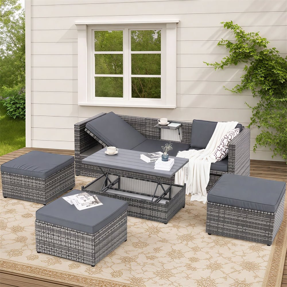 VANECL 5 Set Outdoor Patio Furniture Set, Wicker Outdoor Patio Conversation Set Rattan Sectional Sofa Set with Storage Table for Garden, Balcony, Lawn, Grey