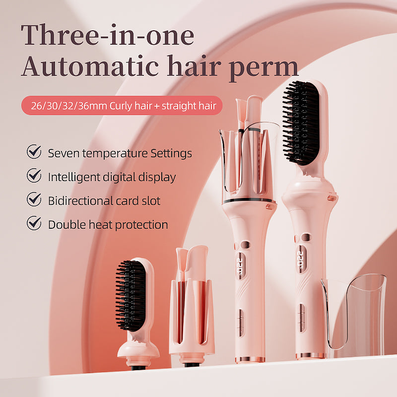 VANECL 3 in 1 Multifunctional Hair Styling Tools,Automatic Curling Iron with 2 Ceramic Barrel(1", 1.25") & Hair Straightener Brush,Hair Curler with LED 7 Temp