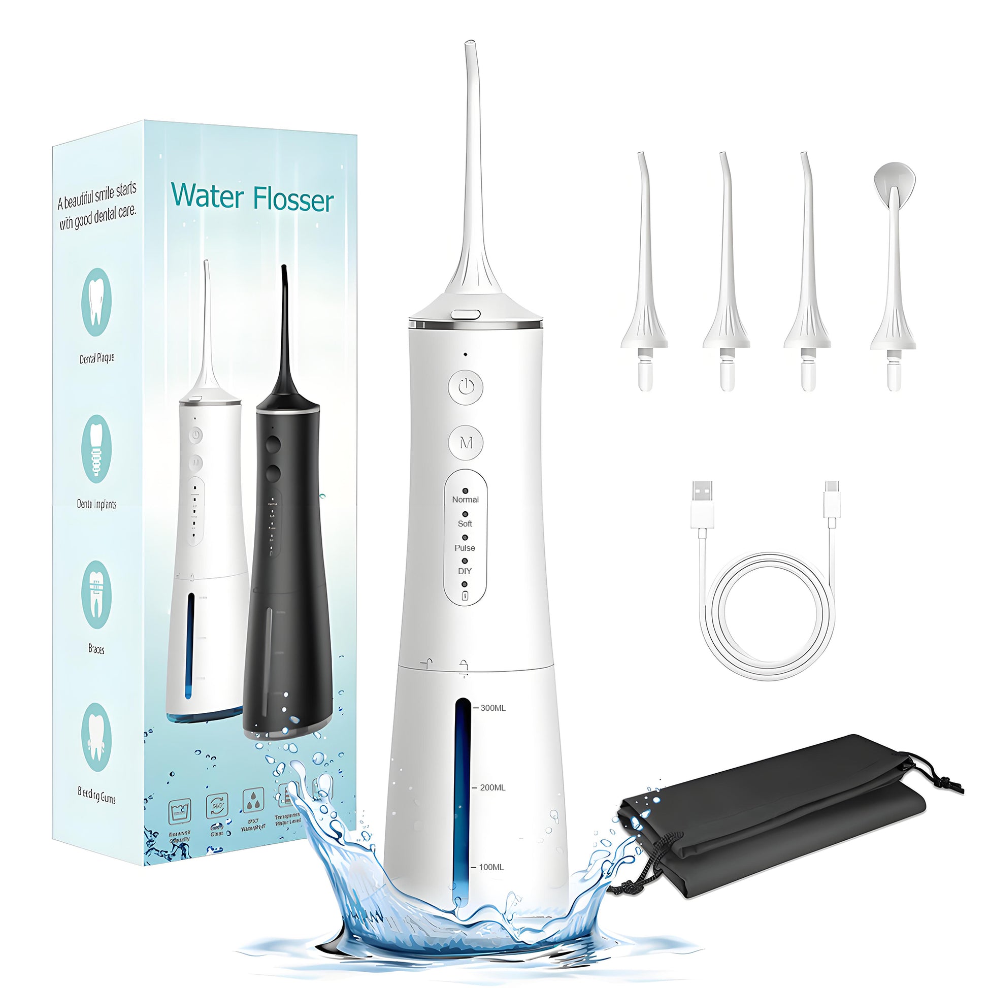 VANECL Water Flosser for Teeth with 4 Jet Tips,300ml Tank with 4 Mode,IPX7 Waterproof Portable Electric Oral Irrigator for Home & Travel,White
