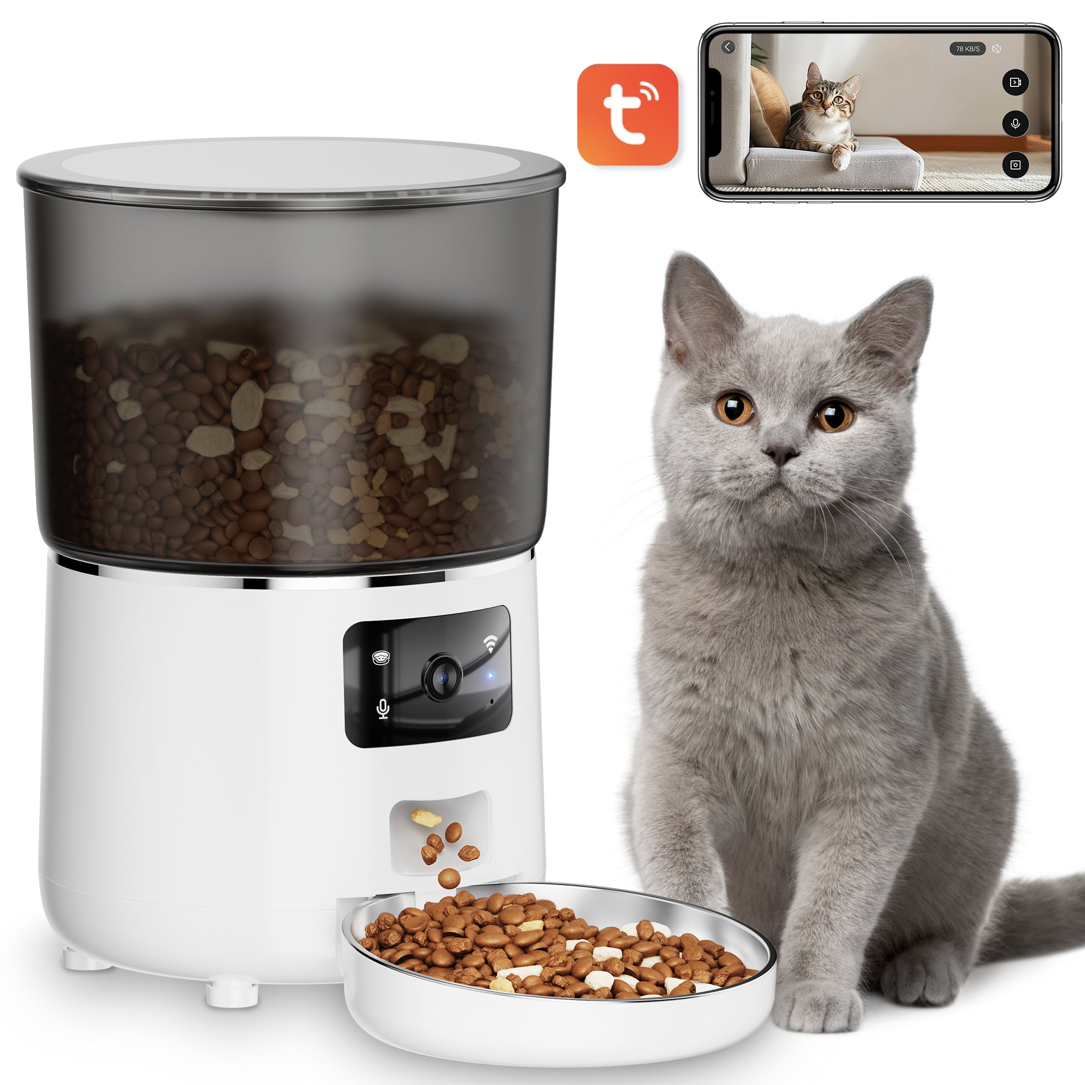 VANECL Automatic Cat Feeders with 304 Stainless Steel Bowl,4L Automatic Cat Food Dispenser with 1080P Camera,Tuya 2.4G&5G WIFI APP Remote Timed Feeding with Voice Call,Dual Power Supply