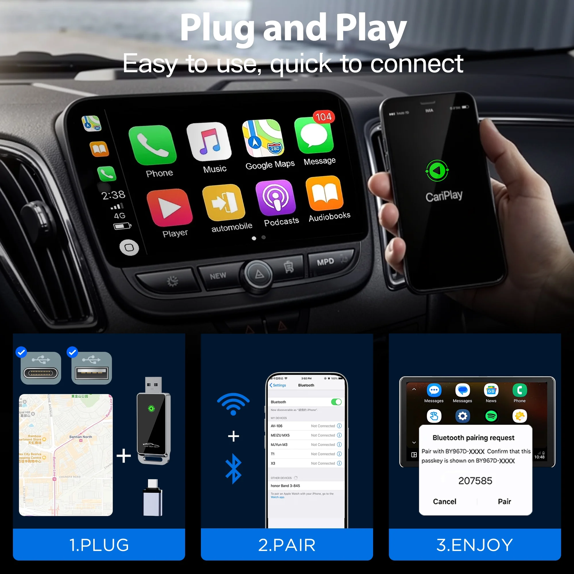 VANECL Wireless Carplay Adapter for Apple Carplay, CarPlay Wireless Adapter Converts Wired to Wireless, Plug and Play & Zero Latency Dongle for iPhone 6+