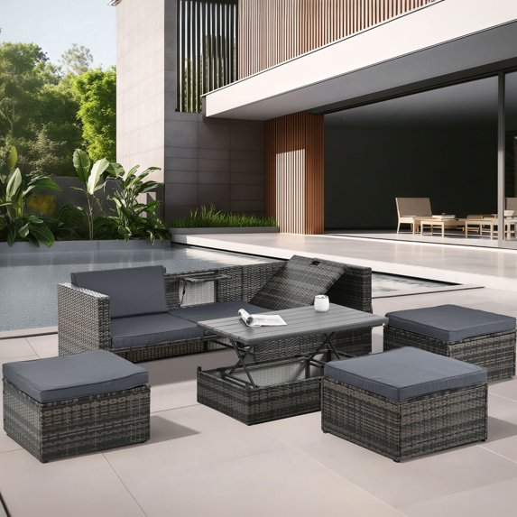 VANECL 5 Set Outdoor Patio Furniture Set, Wicker Outdoor Patio Conversation Set Rattan Sectional Sofa Set with Storage Table for Garden, Balcony, Lawn, Grey