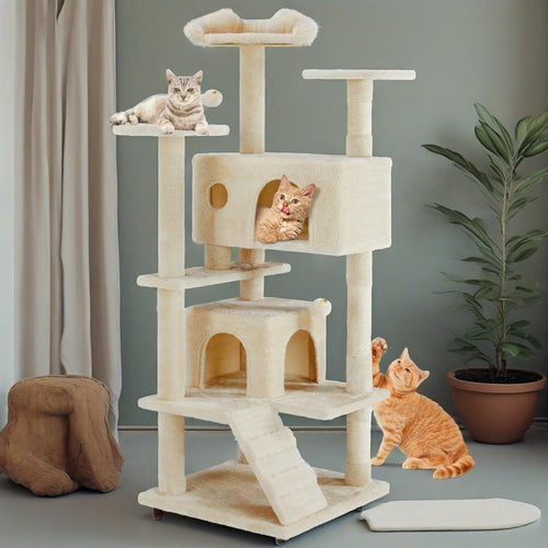 54'' Cat Tree Cat Tower with Large Apartment,Indoor Cat Scratch Fabric with pet playroom,Beige