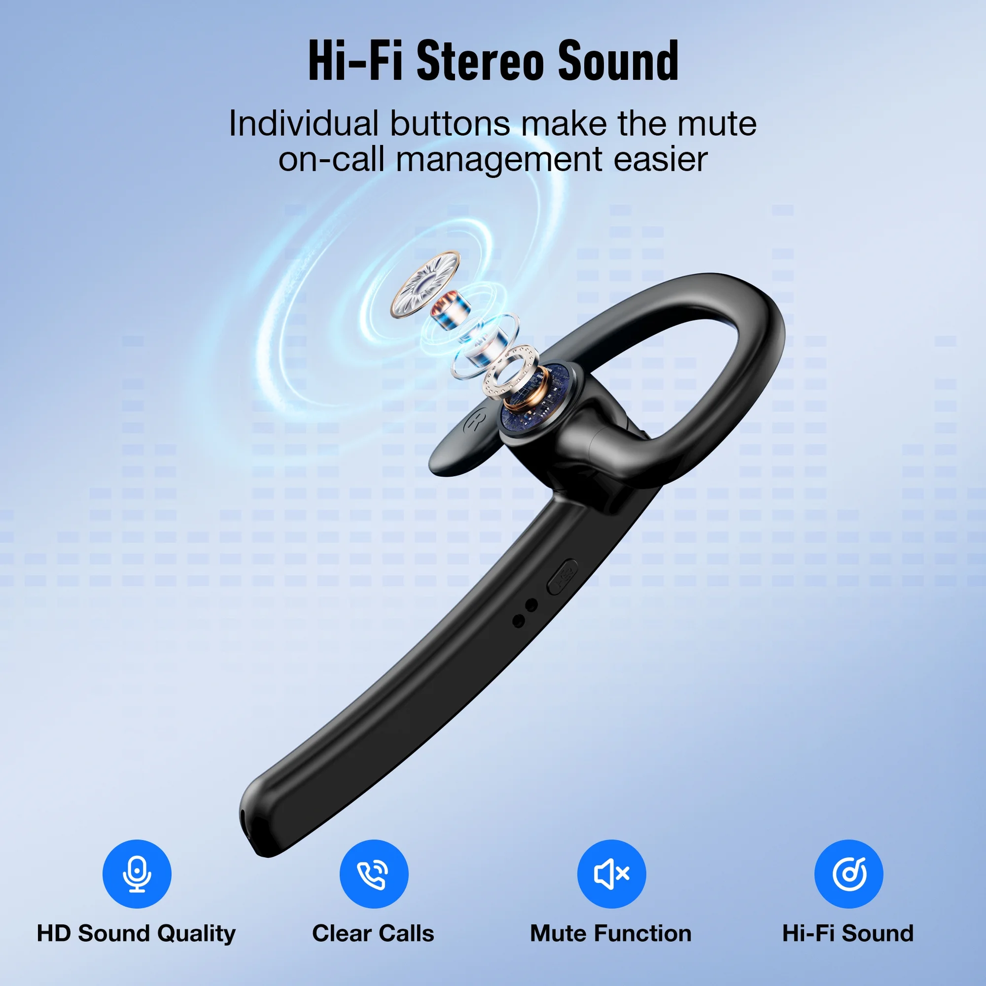 VANECL Bluetooth Headset, Single-Ear Wireless Earpiece with ENC Mic Mute with HiFi Stereo Sound, 110H Playtime, Handsfree Waterproof Wireless Headset with 600mAh Charging Case