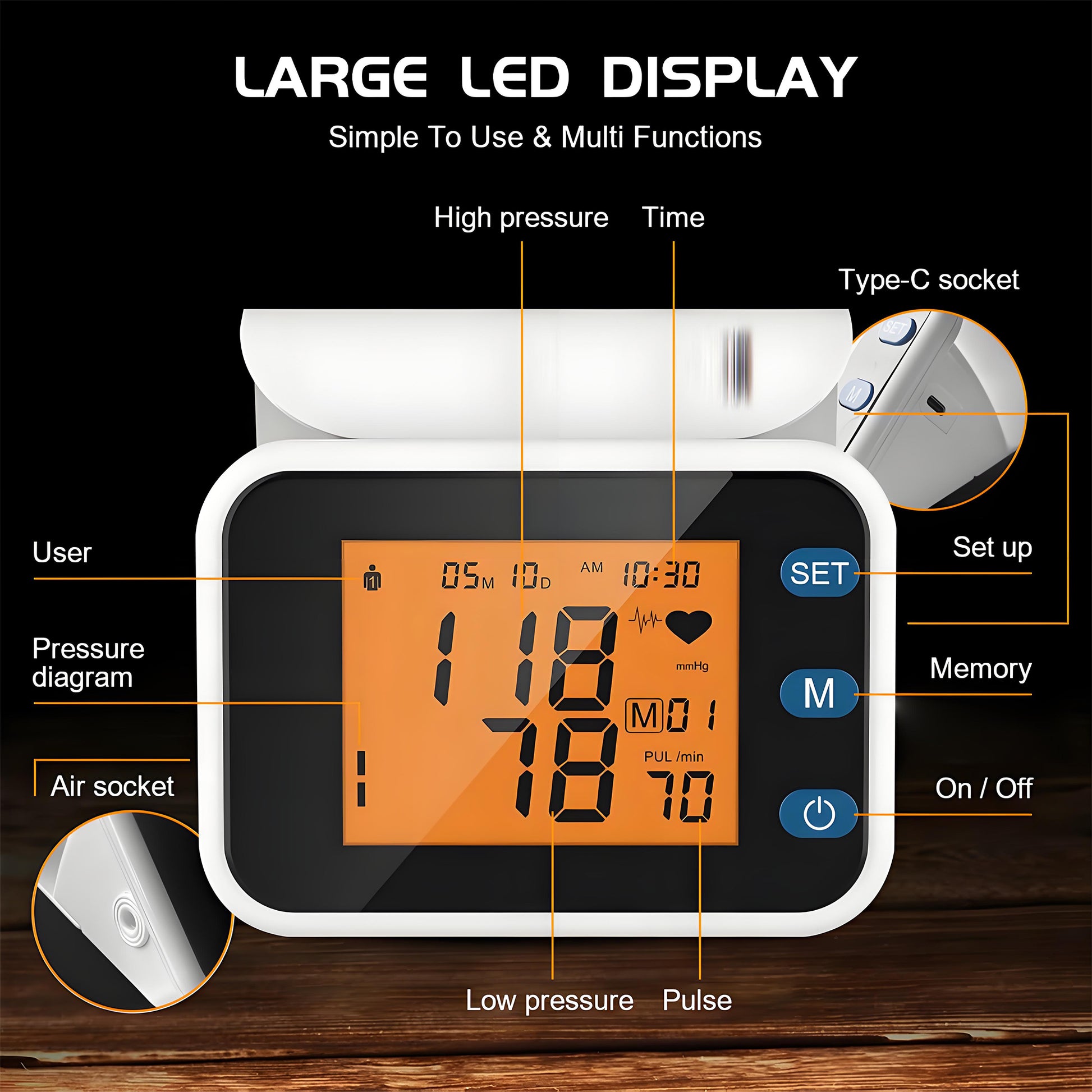 TOUCHOPE Smart Upper Arm Blood Pressure Monitor with 13-17 inch Adjustable Wrist Cuff,Portable Armband Storage Digital Heart Rate Monitor for Home Travel,Large LCD with Voice Guidance