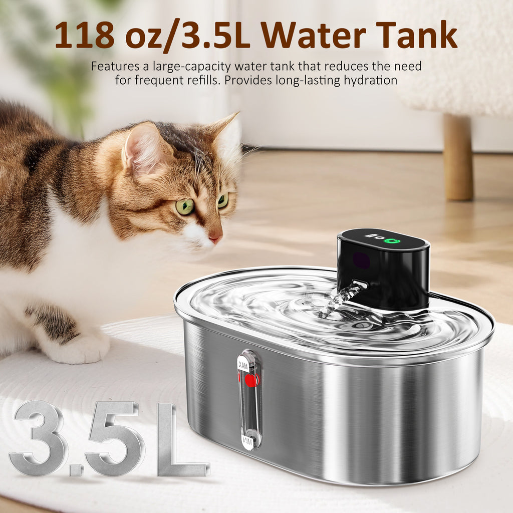 VANECL Cat Water Fountain with Water Level Window,3.5L/118oz Automatic Stainless Steel Pet Water Fountain,New pumpless technology Auto-sensing for Pet