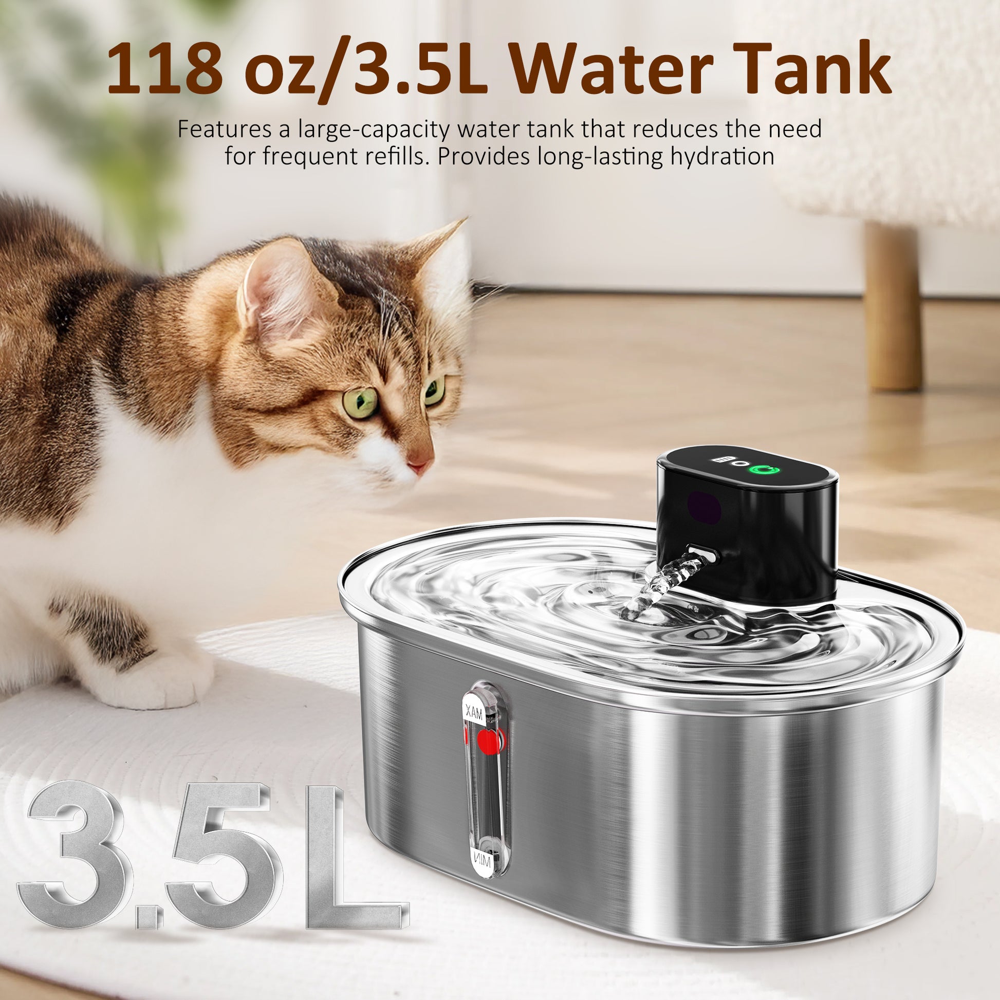 VANECL Cat Water Fountain with Water Level Window,3.5L/118oz Automatic Stainless Steel Pet Water Fountain,New pumpless technology Auto-sensing for Pet