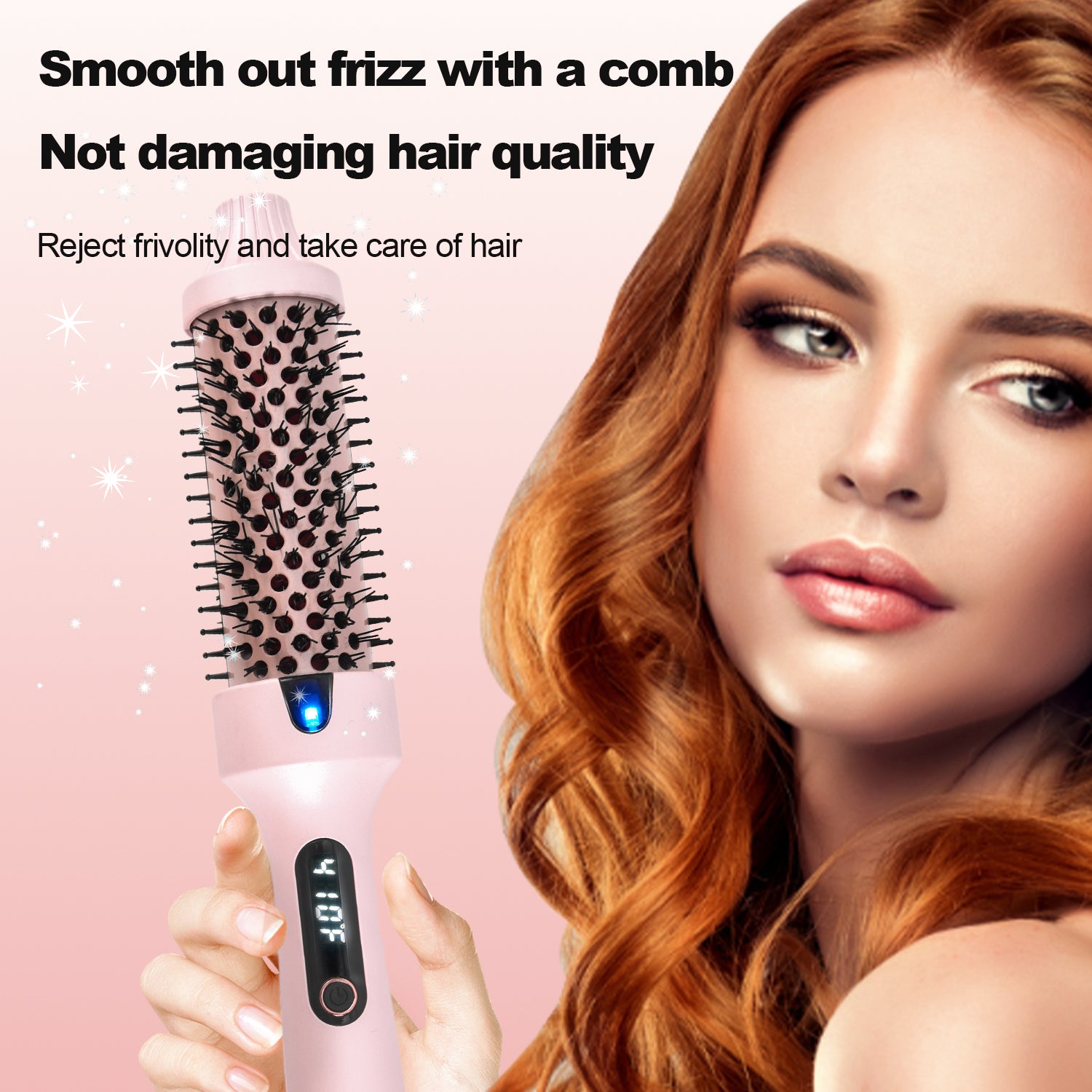VANECL Thermal Brush Curling Brush,1.5 inch Beach Waves Curling Iron,Heated Nylon Brush Get Natural Curls and Hair Straightener,Pink
