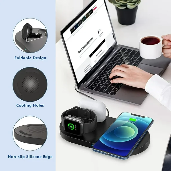 VANECL Wireless Charger,3 in 1 Fast Wireless Charging Station Compatible with iPhone 16 15 14 13 12 11 8 Pro Max XS XR, iWatch, AirPods, Black(with Adapter)