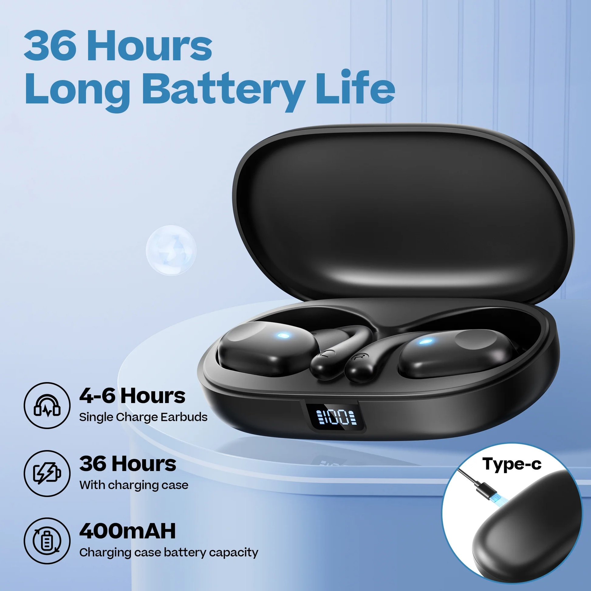 VANECL Open Ear Earbuds, Bluetooth 5.4 Wireless Earbuds, 36H Playtime & LED Digital Display, HiFi Stereo Waterproof Headphones for Workout, Cycling, Running