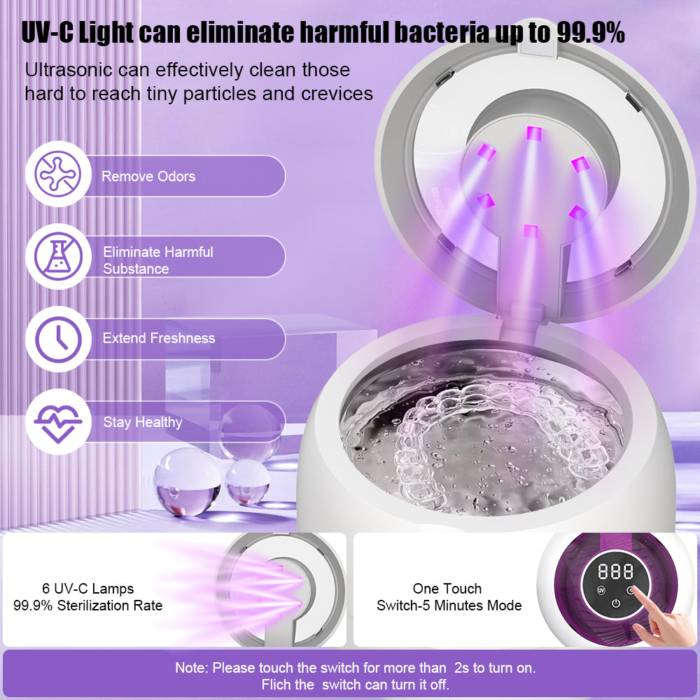 VANECL Ultrasonic Retainer Cleaner Machine,45kHz Portable Denture Cleaner with 4 Modes,210ml Digital Timer and 6 UVC for Denture Aligner,Toothbrush head,Braces,Jewelry