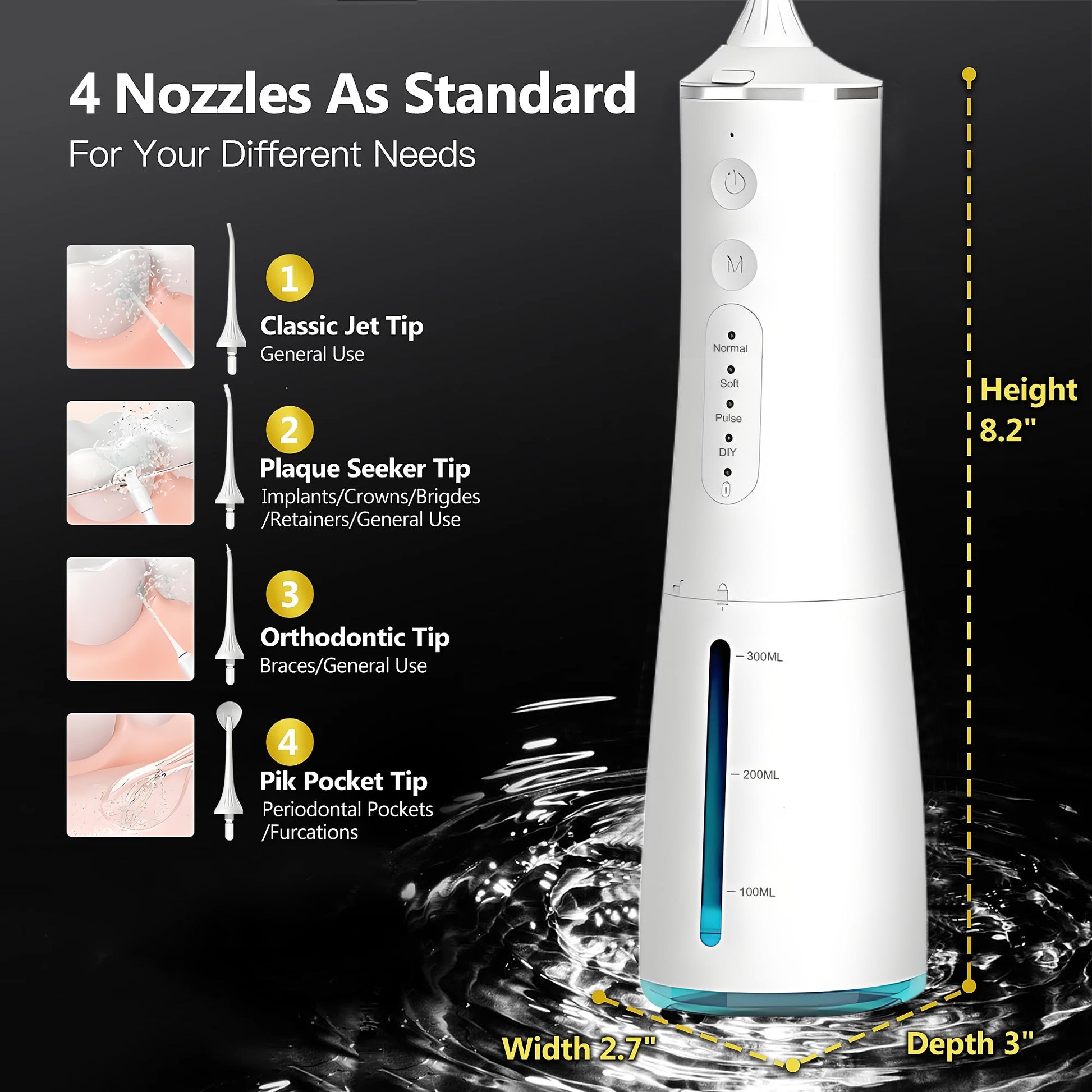 VANECL Water Flosser for Teeth with 4 Jet Tips,300ml Tank with 4 Mode,IPX7 Waterproof Portable Electric Oral Irrigator for Home & Travel,White