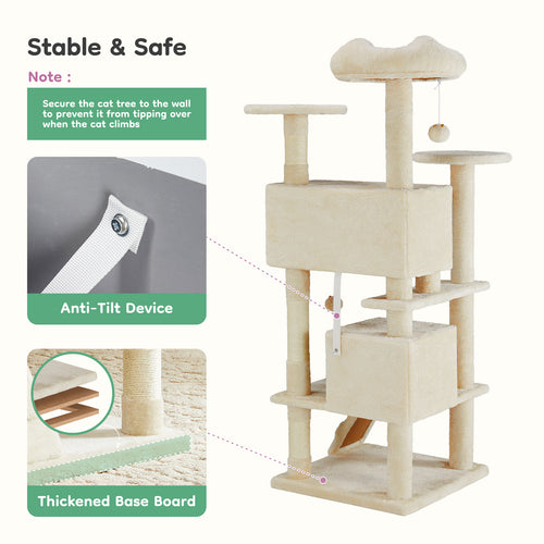 54'' Cat Tree Cat Tower with Large Apartment,Indoor Cat Scratch Fabric with pet playroom,Beige