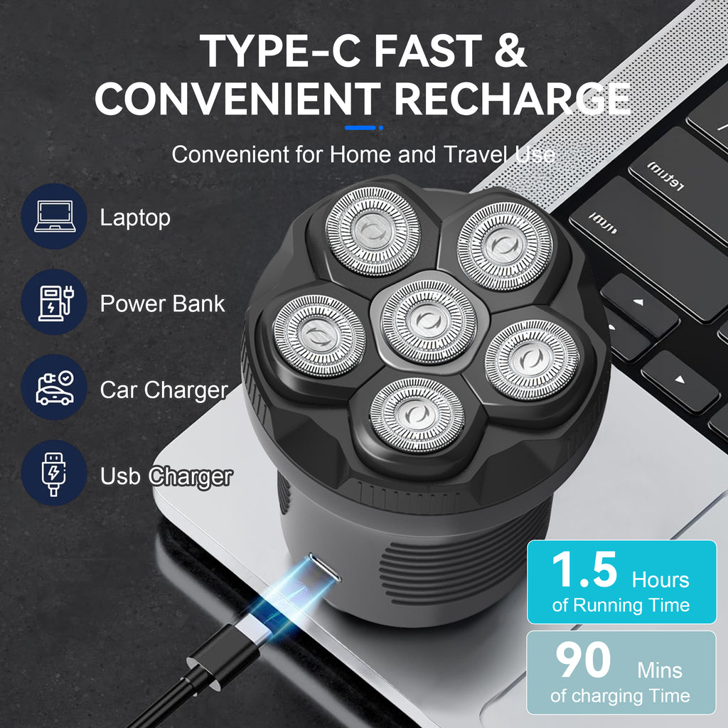 WANDOBAO Head Shavers for Bald Men,Magnetic Electric Razor with LED Display,6D IPX7 Waterproof Wet Dry Type-C Charge Bald Head Shavers