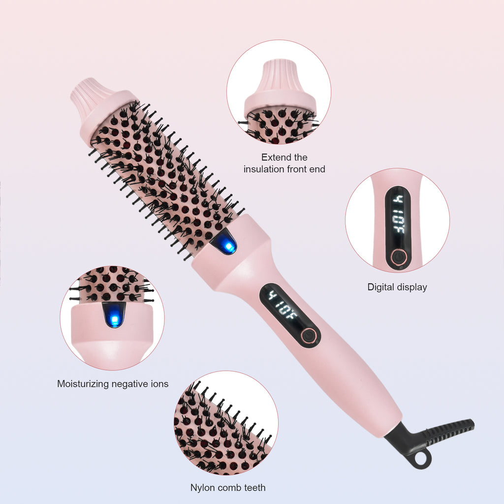VANECL Thermal Brush Curling Brush,1.5 inch Beach Waves Curling Iron,Heated Nylon Brush Get Natural Curls and Hair Straightener,Pink