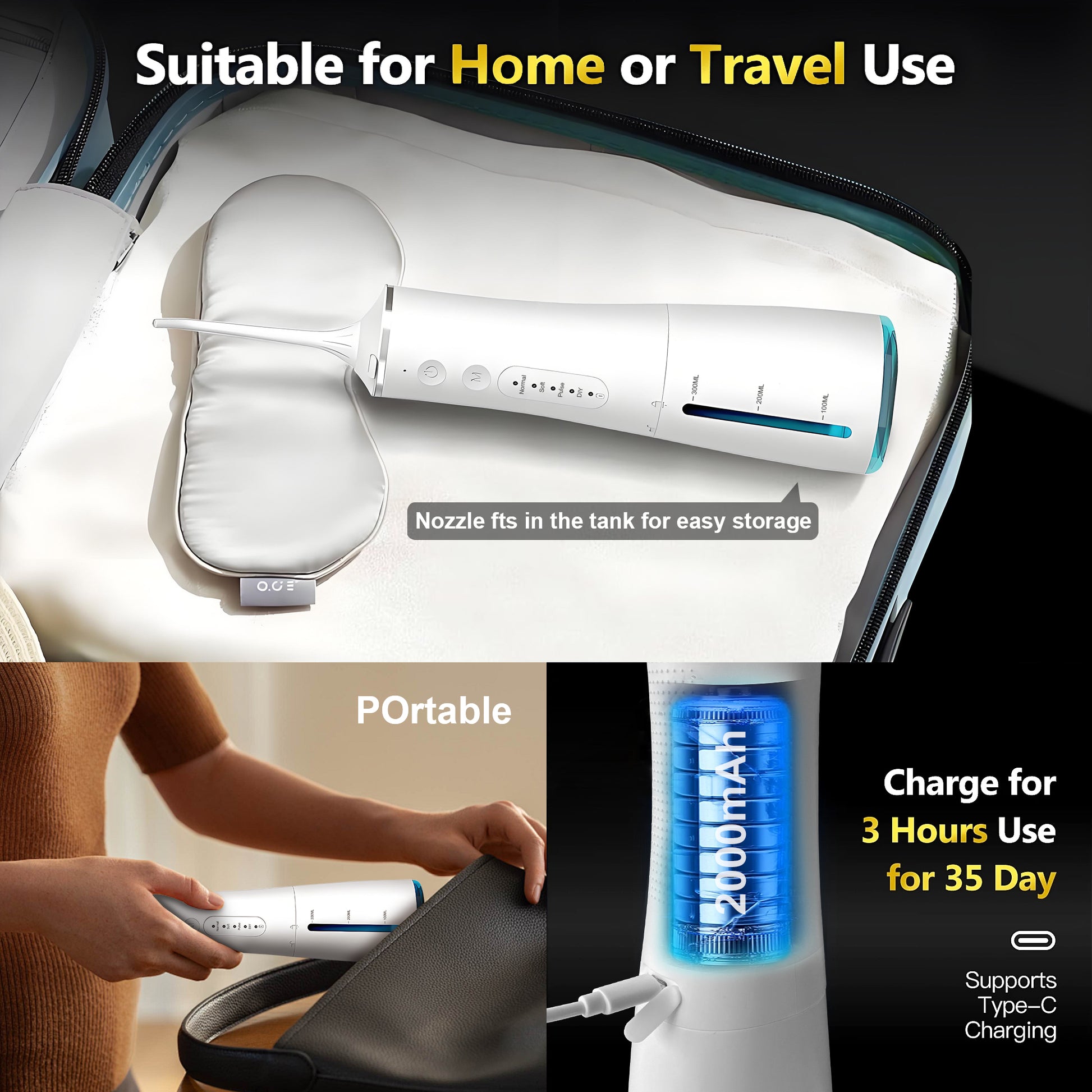 VANECL Water Flosser for Teeth with 4 Jet Tips,300ml Tank with 4 Mode,IPX7 Waterproof Portable Electric Oral Irrigator for Home & Travel,White