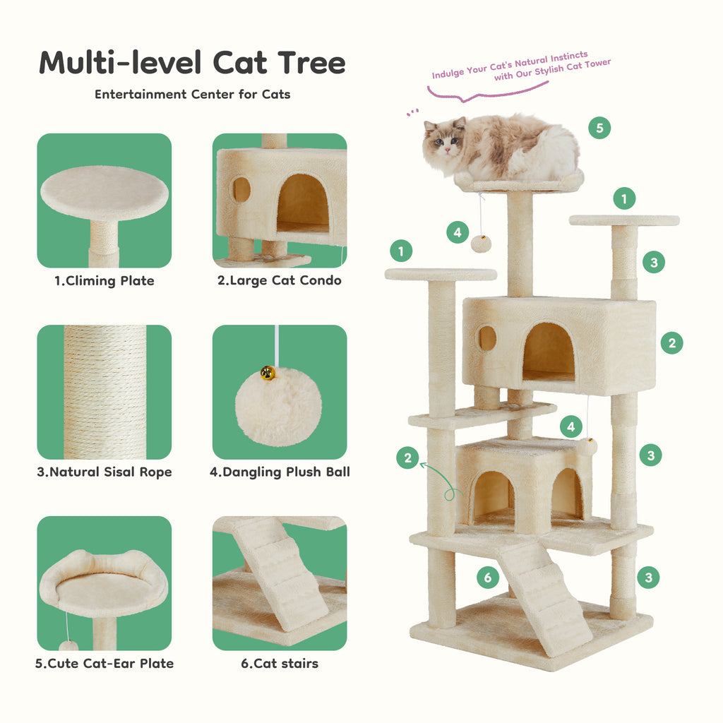 54'' Cat Tree Cat Tower with Large Apartment,Indoor Cat Scratch Fabric with pet playroom,Beige