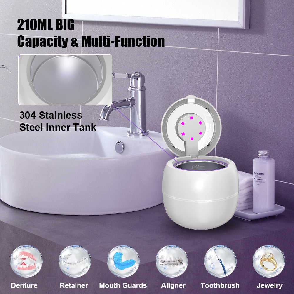 VANECL Ultrasonic Retainer Cleaner Machine,45kHz Portable Denture Cleaner with 4 Modes,210ml Digital Timer and 6 UVC for Denture Aligner,Toothbrush head,Braces,Jewelry