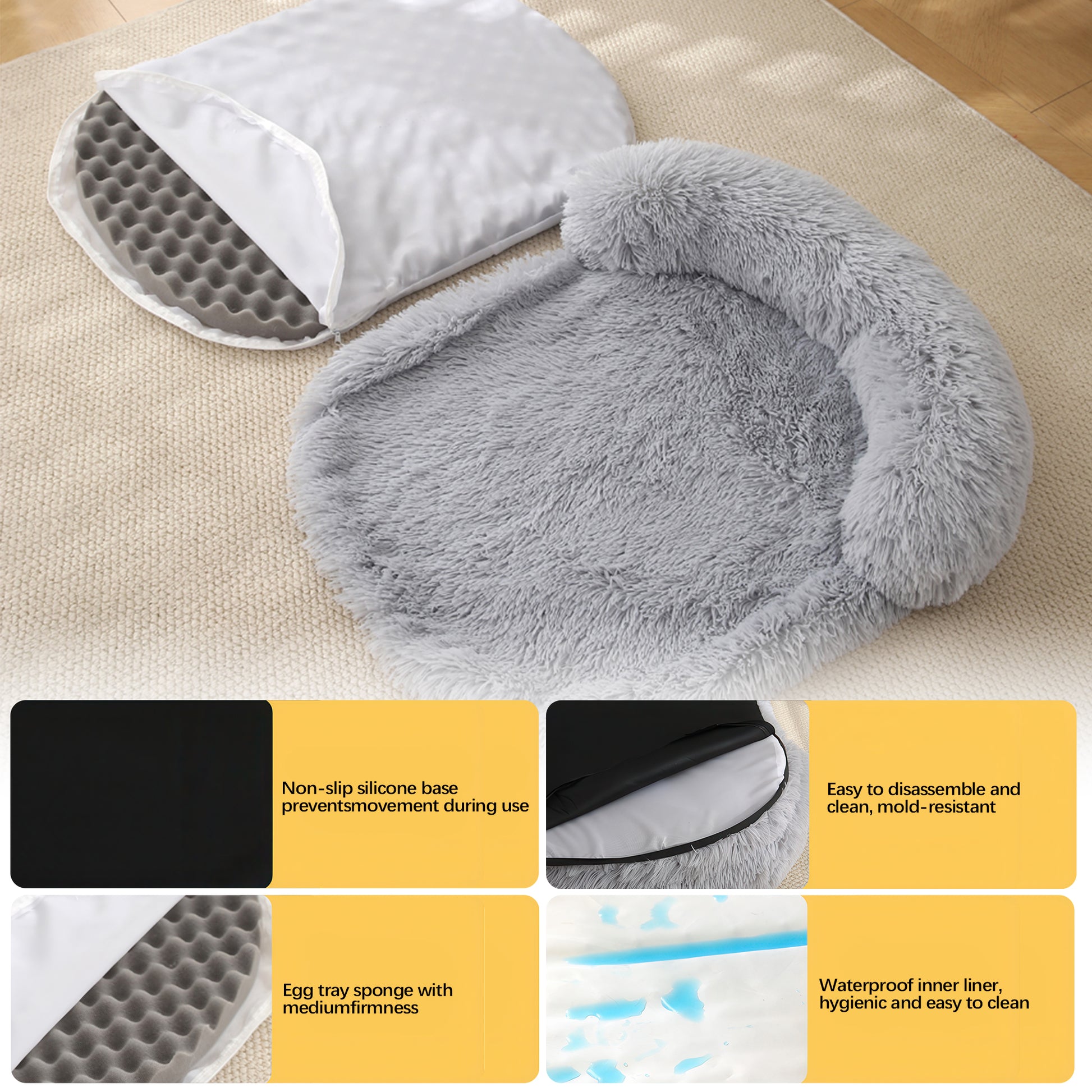 Calming Dog Bed for Large Dog,Washable Cozy Soft Plush Pet Bed with Pillow,41"x30"x5.9" (Light Grey)
