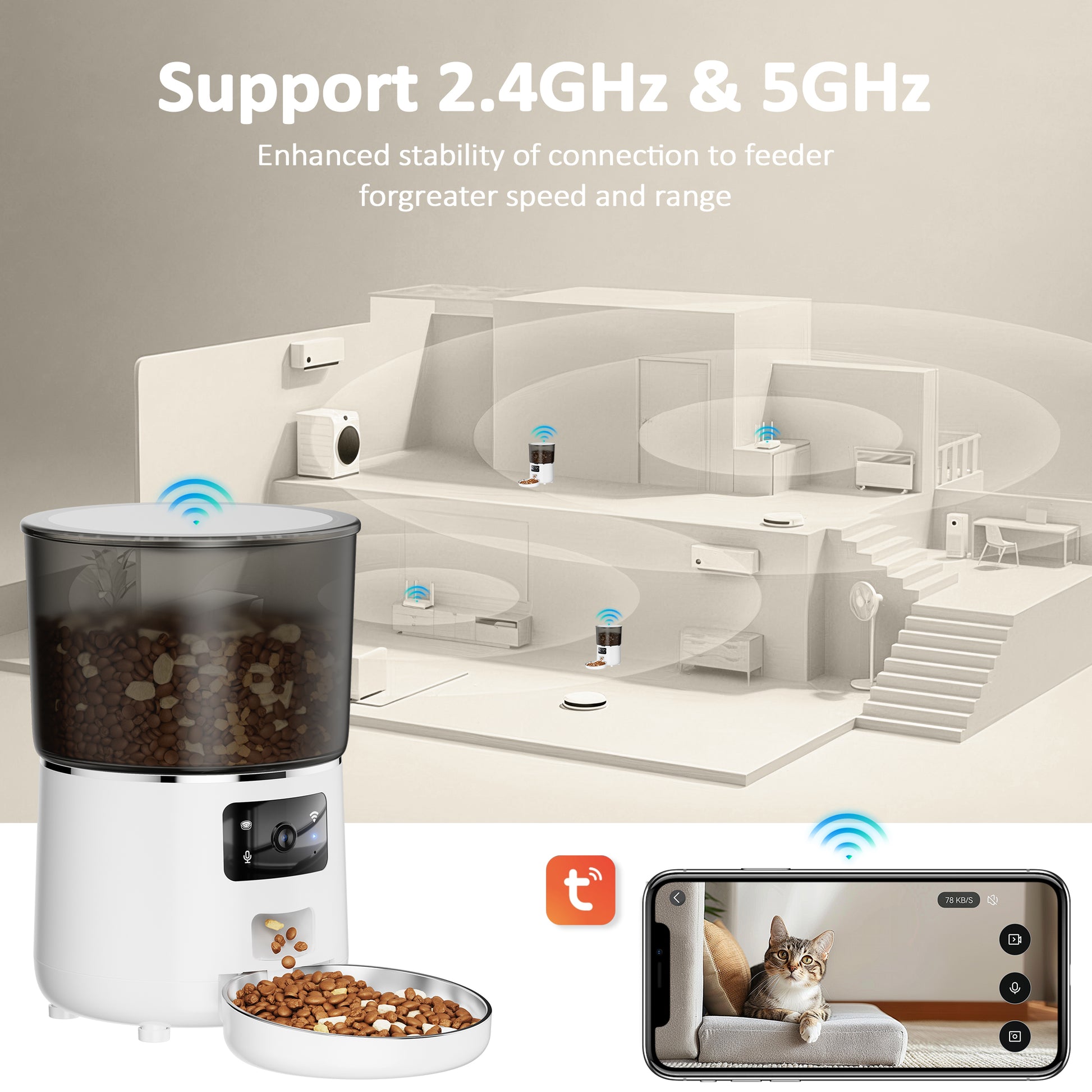 VANECL Automatic Cat Feeders with 304 Stainless Steel Bowl,4L Automatic Cat Food Dispenser with 1080P Camera,Tuya 2.4G&5G WIFI APP Remote Timed Feeding with Voice Call,Dual Power Supply