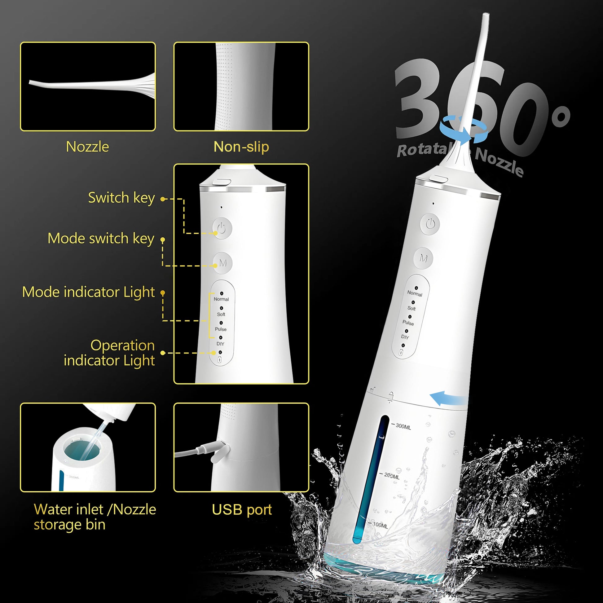 VANECL Water Flosser for Teeth with 4 Jet Tips,300ml Tank with 4 Mode,IPX7 Waterproof Portable Electric Oral Irrigator for Home & Travel,White