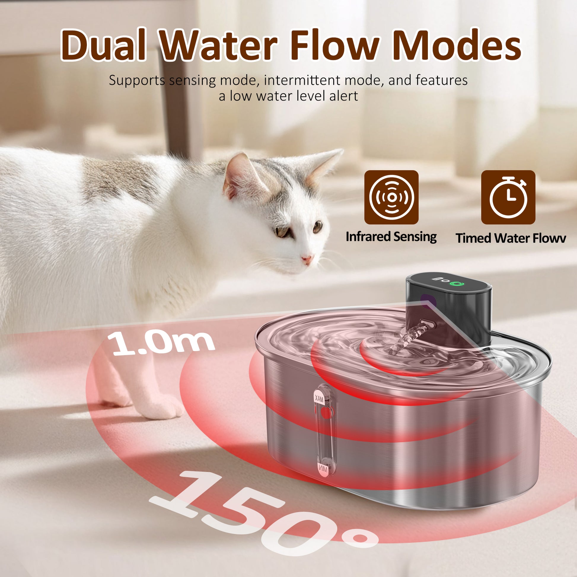 VANECL Cat Water Fountain with Water Level Window,3.5L/118oz Automatic Stainless Steel Pet Water Fountain,New pumpless technology Auto-sensing for Pet