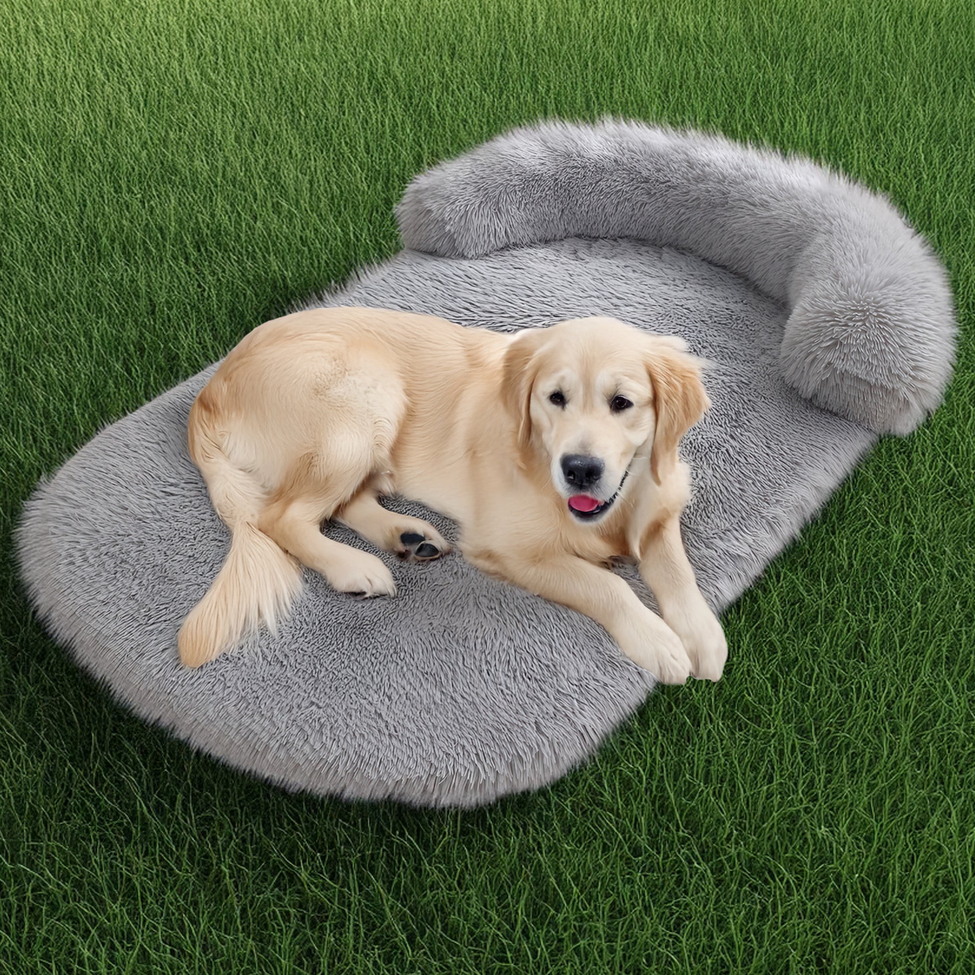Calming Dog Bed for Large Dog,Washable Cozy Soft Plush Pet Bed with Pillow,41"x30"x5.9" (Light Grey)