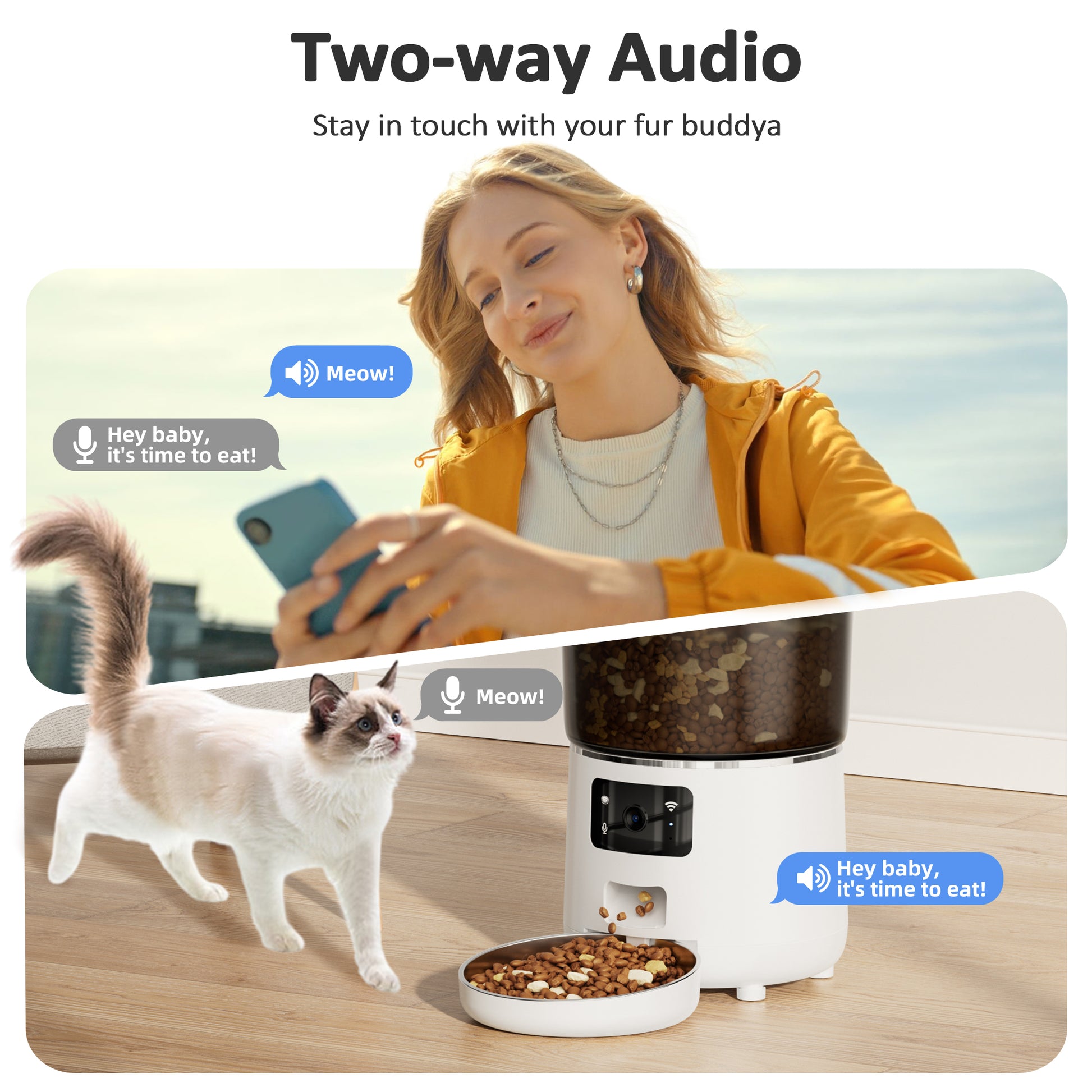 VANECL Automatic Cat Feeders with 304 Stainless Steel Bowl,4L Automatic Cat Food Dispenser with 1080P Camera,Tuya 2.4G&5G WIFI APP Remote Timed Feeding with Voice Call,Dual Power Supply