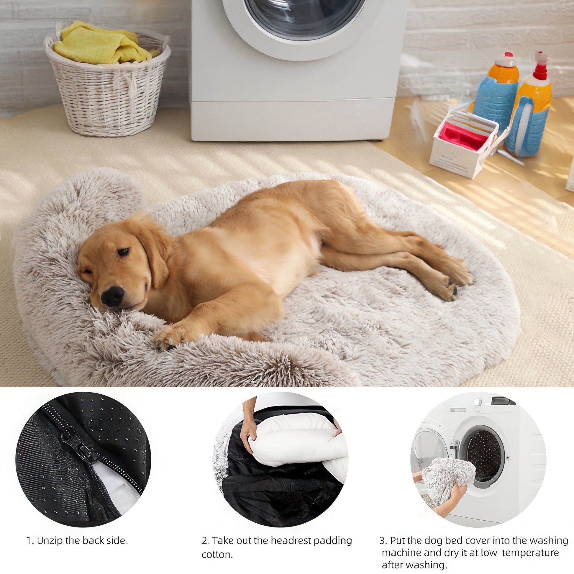 Calming Dog Bed for Large Dog,Washable Cozy Soft Plush Pet Bed with Pillow,41"x30"x5.9" (Light Grey)