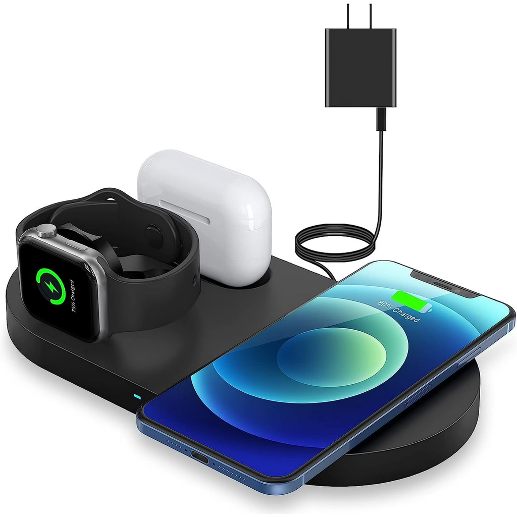 VANECL Wireless Charger,3 in 1 Fast Wireless Charging Station Compatible with iPhone 16 15 14 13 12 11 8 Pro Max XS XR, iWatch, AirPods, Black(with Adapter)
