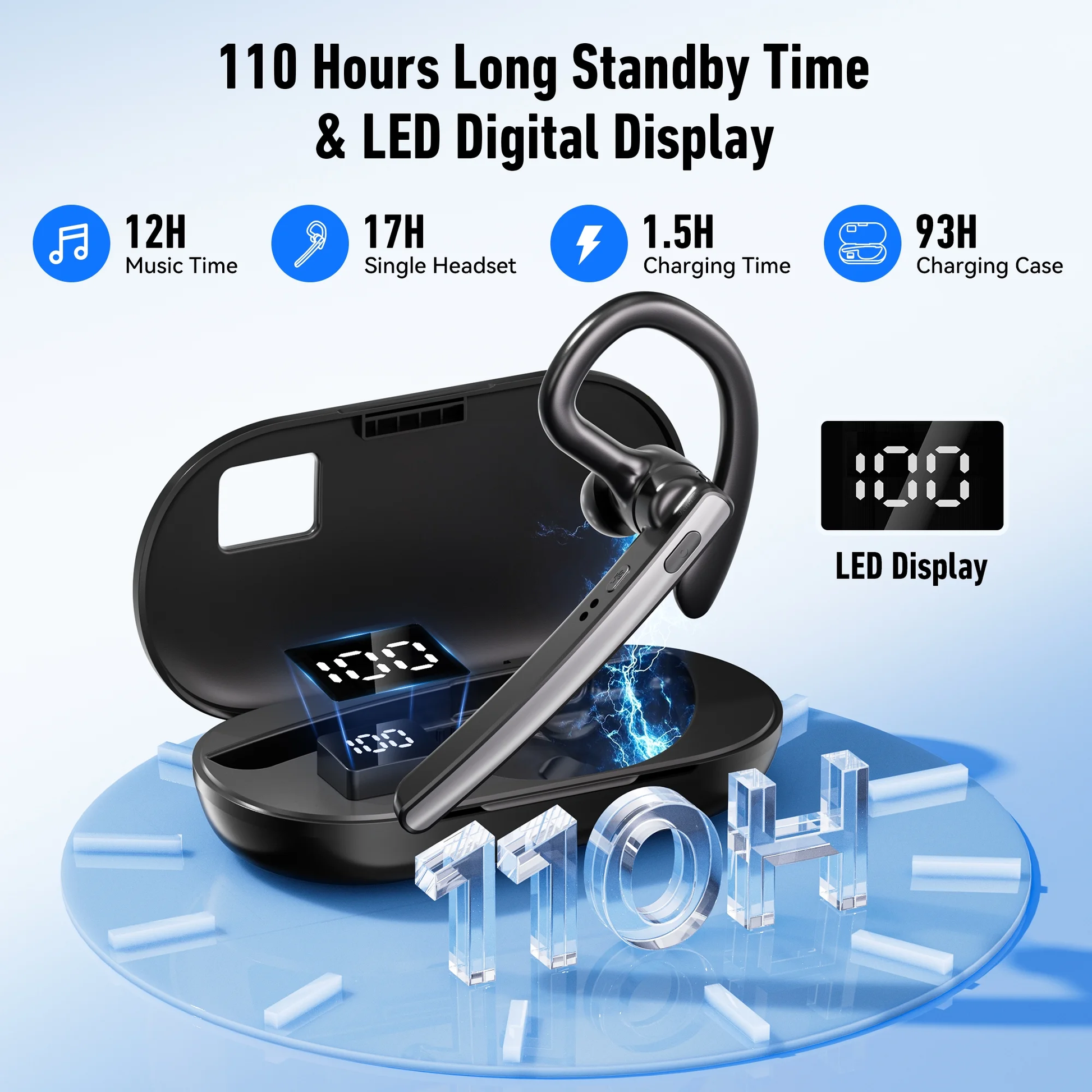 VANECL Bluetooth Headset, Single-Ear Wireless Earpiece with ENC Mic Mute with HiFi Stereo Sound, 110H Playtime, Handsfree Waterproof Wireless Headset with 600mAh Charging Case