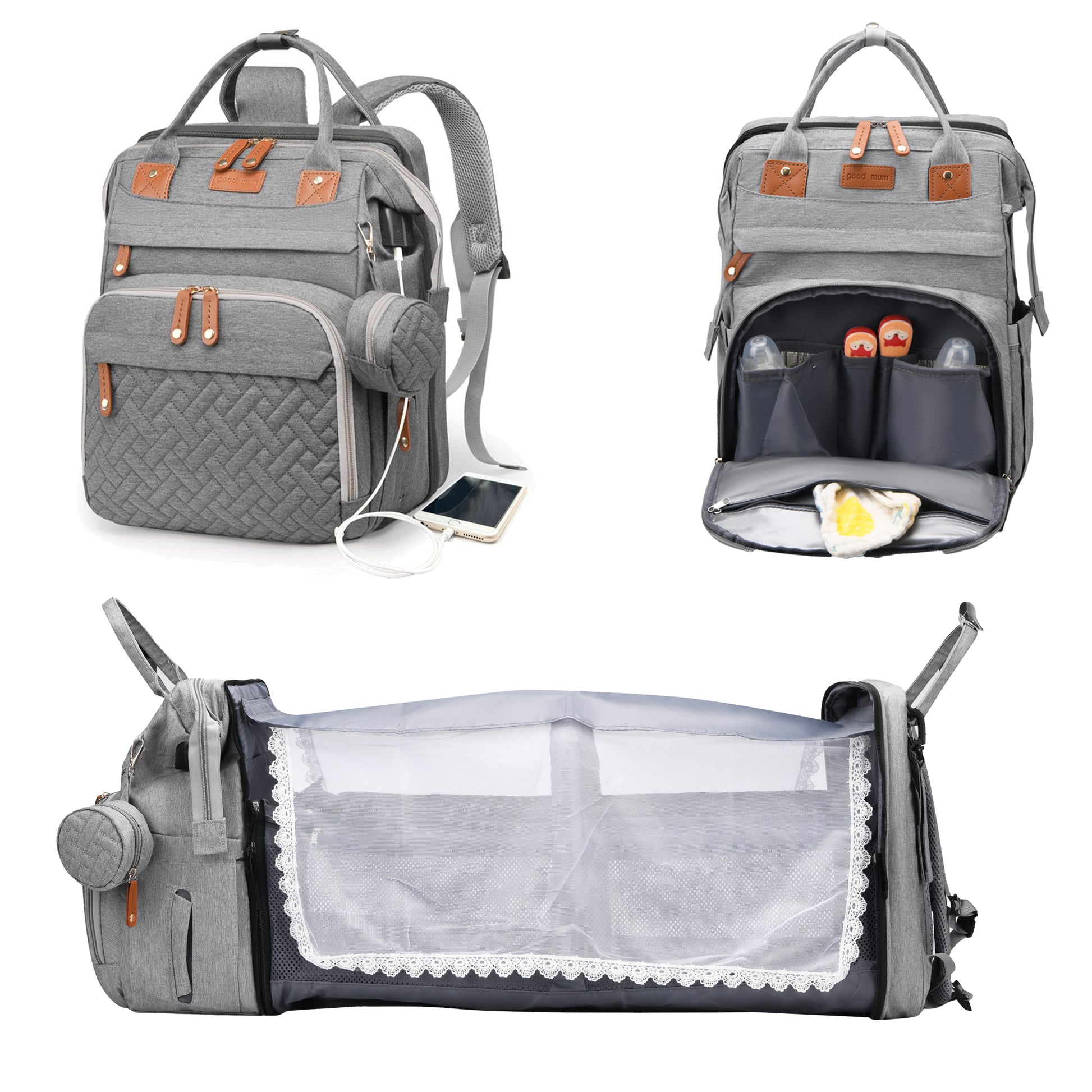 Baby Diaper Bag Backpack with Changing Station,Waterproof 30L Large Capacity Portable Travel Bag for Moms Dads,Insulated Milk Pocket &USB Charging Port,Gray