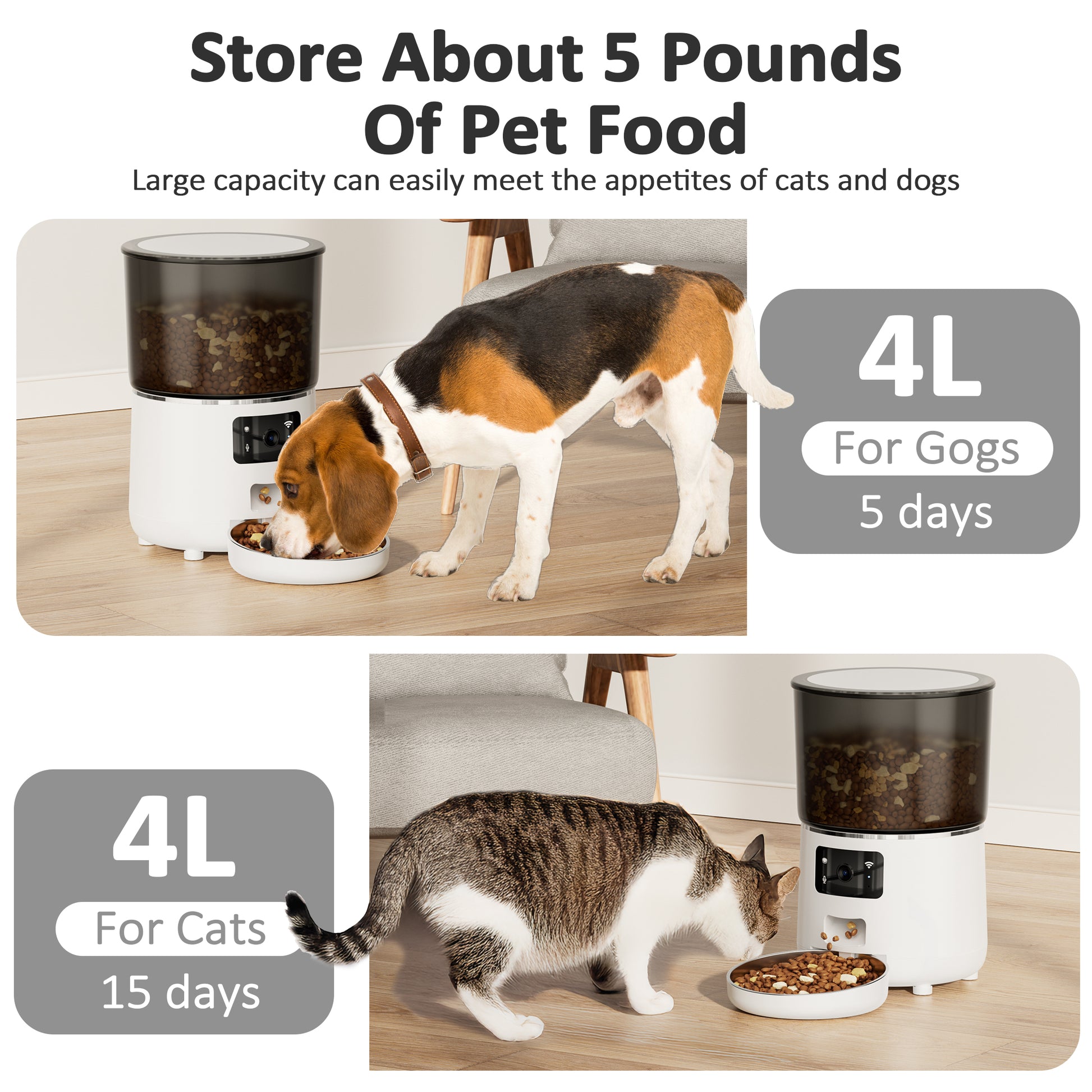 VANECL Automatic Cat Feeders with 304 Stainless Steel Bowl,4L Automatic Cat Food Dispenser with 1080P Camera,Tuya 2.4G&5G WIFI APP Remote Timed Feeding with Voice Call,Dual Power Supply