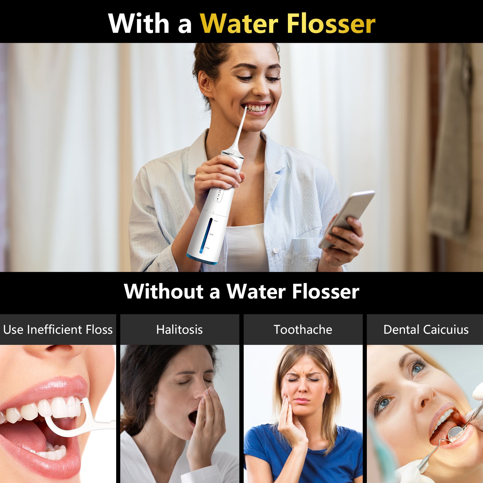 VANECL Water Flosser for Teeth with 4 Jet Tips,300ml Tank with 4 Mode,IPX7 Waterproof Portable Electric Oral Irrigator for Home & Travel,White