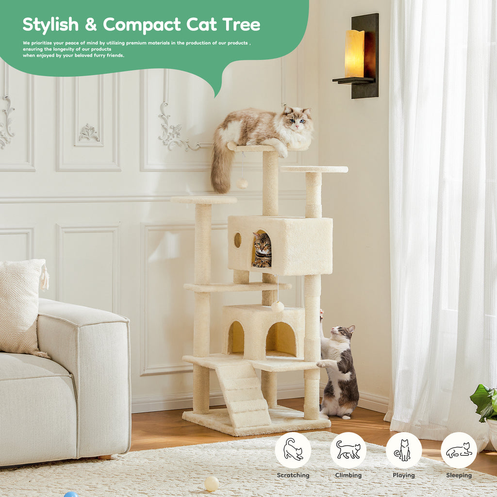 54'' Cat Tree Cat Tower with Large Apartment,Indoor Cat Scratch Fabric with pet playroom,Beige