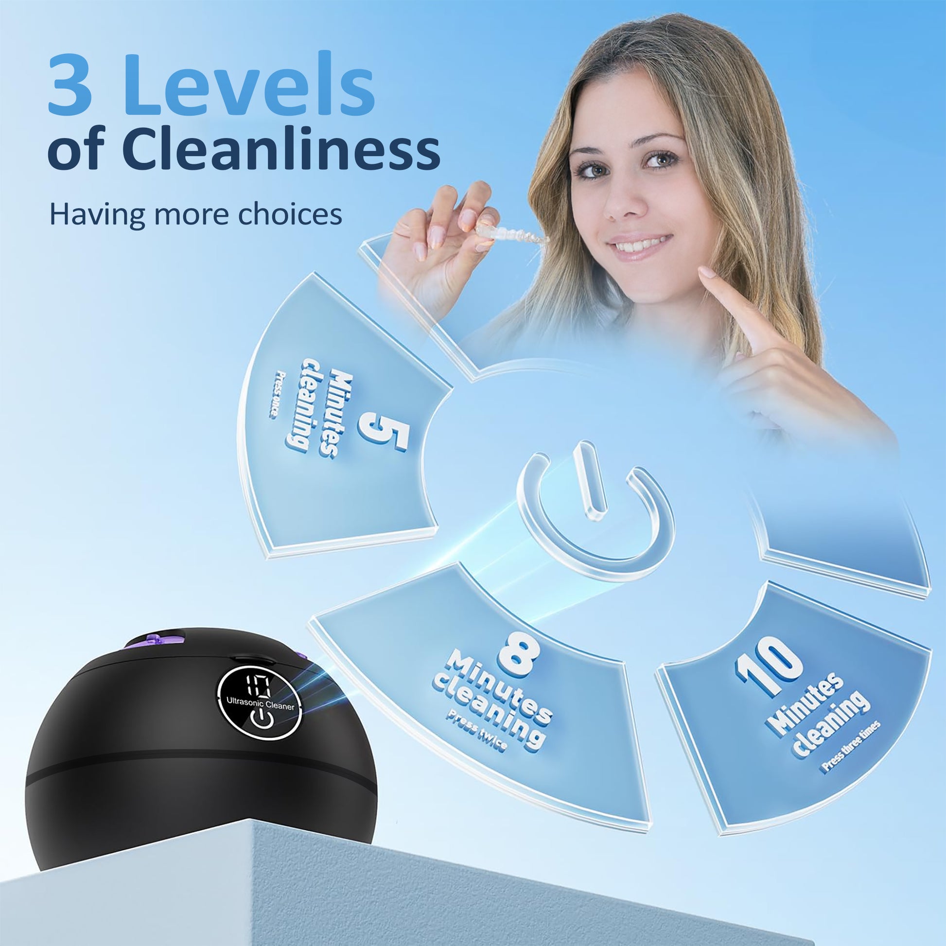 Ultrasonic Retainer Cleaner for Denture,42kHz Portable Retainer Cleaner Machine with 3 Modes ,200ml Digital Timer and 2 UVC for Denture Cleaner,Braces,Jewelry