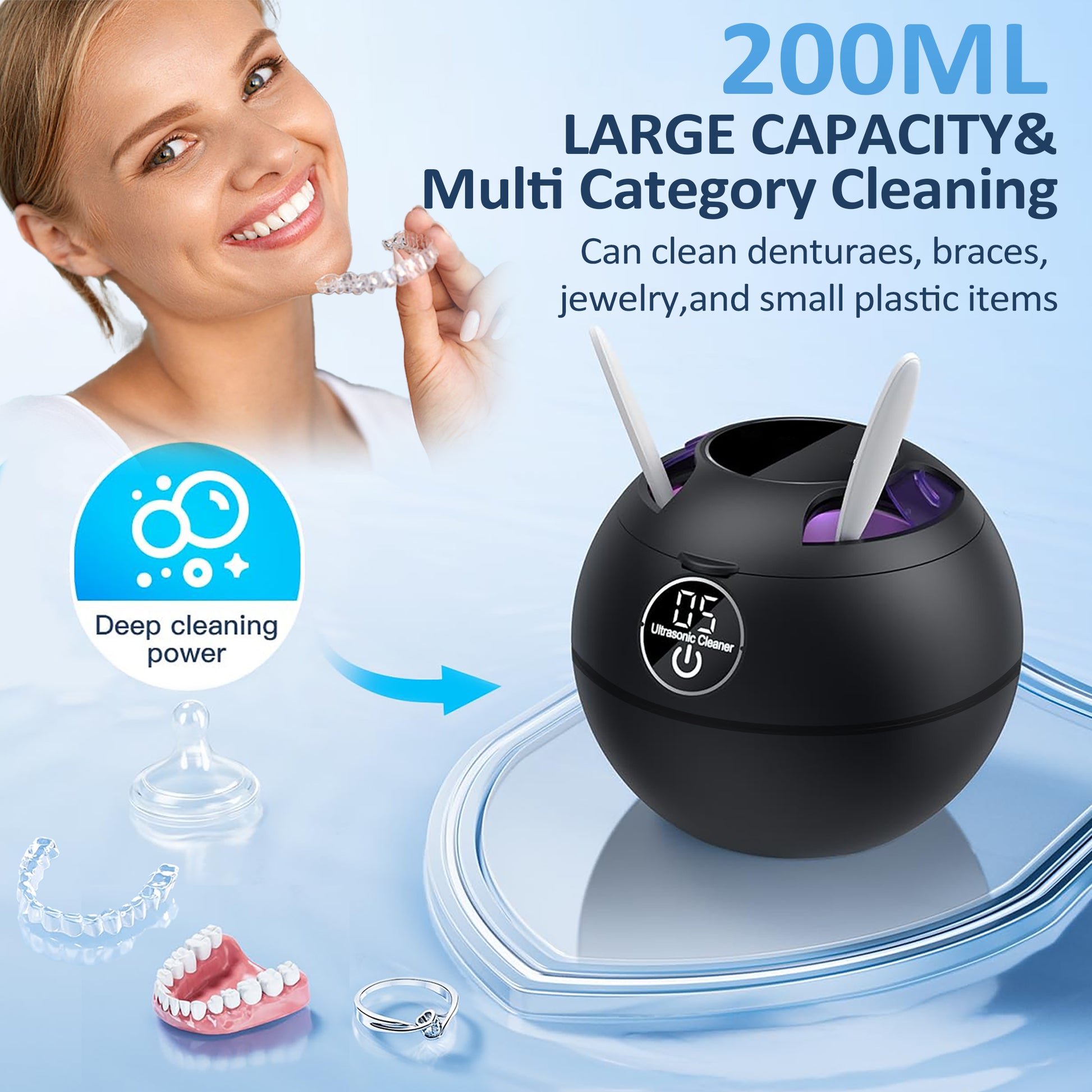 Ultrasonic Retainer Cleaner for Denture,42kHz Portable Retainer Cleaner Machine with 3 Modes ,200ml Digital Timer and 2 UVC for Denture Cleaner,Braces,Jewelry