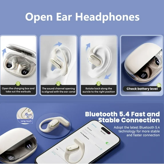 VANECL Open Ear Headphones, Bluetooth 5.4 Earphones Stereo Sound, Wireless Headphones 80 Hours Playback, Clear Calls, IPX7 Waterproof Open Ear Earbuds with 18.2mm Drivers