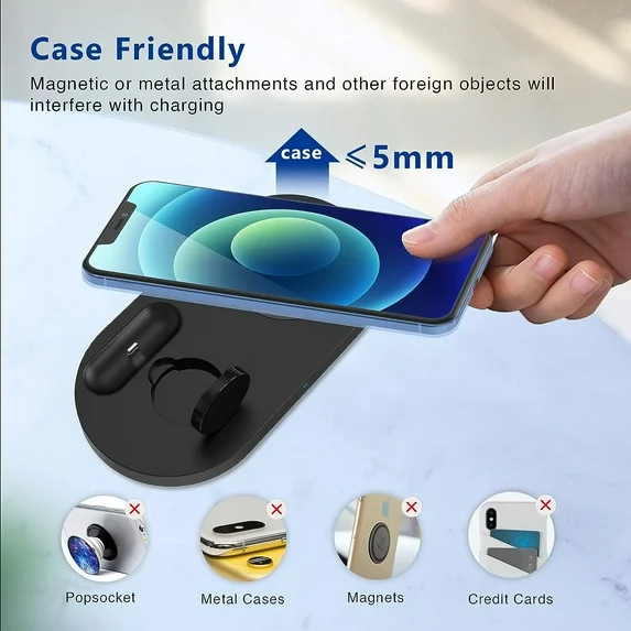 VANECL Wireless Charger,3 in 1 Fast Wireless Charging Station Compatible with iPhone 16 15 14 13 12 11 8 Pro Max XS XR, iWatch, AirPods, Black(with Adapter)